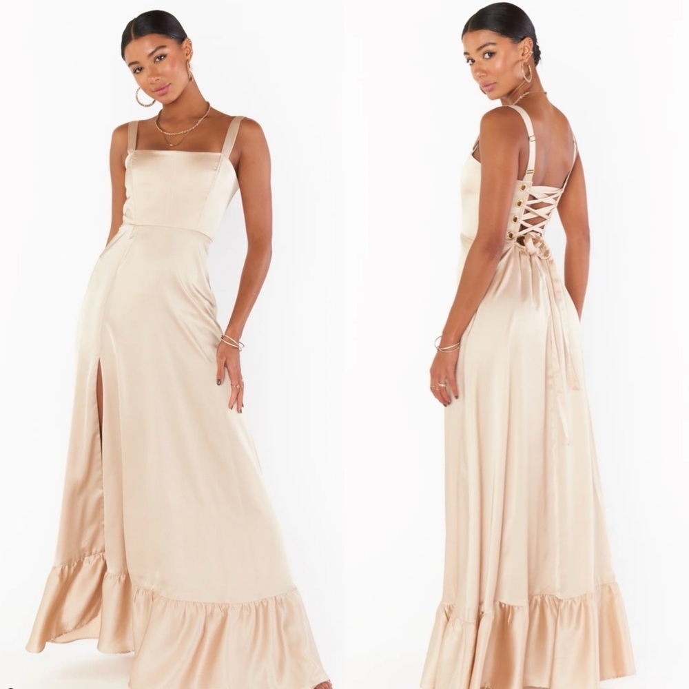 Show Me Your Mumu Clarissa Corset Dress in Champagne Luxe Satin M